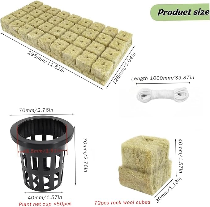 Rockwool Cubes for Hydroponics with Net Pots hydroponics Growing System Including 72 Plugs 50 Net Cups and 20m Self Watering Cotton Wick Cord for Supplies