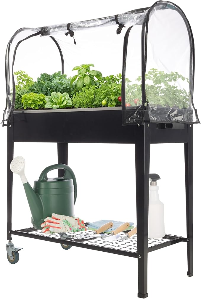 Raised Garden Bed with Cover - 31.5”x15.75”x47.25” Metal Elevated Planter Box with Legs Greenhouse Cover Wheels and Storage Shelf - for Growing Flowers Vegetables or Herbs by Pure Garden (Black)