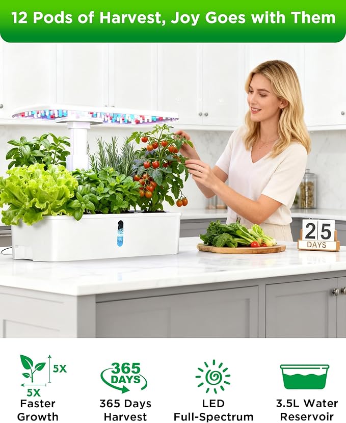 Hydroponics Growing System Kits Controlled Smart Indoor Garden with LED Grow Light Full Spectrum 12 Pods Plant Germination Kit with Mini Quiet Pump for Vegetables and Herbs Height Adjustable