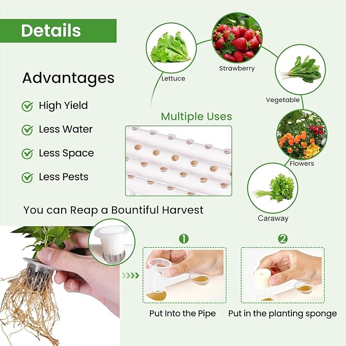 Upgraded Hydroponics Growing System90 Plant Sites 3 Layers 10 Food-Grade PVC-U Pipeshydroponics Growing System Kit Gardening Systems Grow Kits with Water Pump Timer nests Basket and Sponge