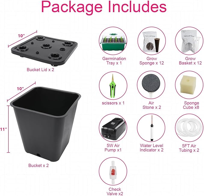 DWC 2 Hydroponic Buckets Kit for Plants Hydroponics Growing System for Herbs/Tomato/Vegetables DWC System with Air Pump &amp Germination Tray (Complete Indoor Hydroponic Gardening Supplies) (Black)
