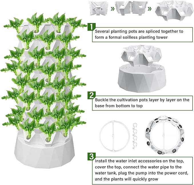 8 Layers 64 Pots Vertical Hydroponics Tower Growing System with Water Pump Indoor Outdoor Hydroponic Planter Starter Kit Vertical Gardening System for Strawberries Tomatoes Lettuce Plant
