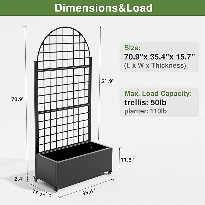 Casaphoria Metal Raised Garden Bed with Trellis and Wheels 72x35x16 Arched Planter Box for Climbing Plants Vegetables &amp Vines Features Drainage Holes and Privacy Screen (Black-Grid)