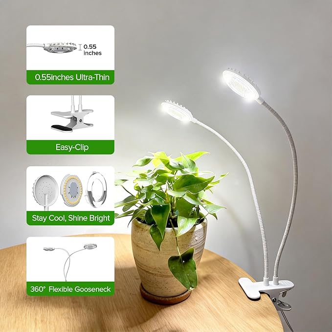 Dual Head Clip Plant Grow Light with Timer 22W Full Spectrum Adjustable Light 3/6/12H Auto On/Off 10 Dimmable Levels Flexible Gooseneck for Indoor Plants