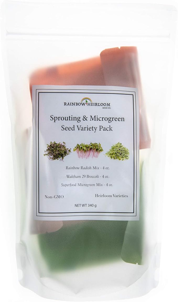 Heirloom Sprouting &amp Microgreen Seed Variety Pack | Contains Waltham 29 Broccoli Sprouting Seeds Rainbow Radish Sprouting Seeds Mix &amp Superfood Microgreen Mix | Non-GMO | Rainbow Heirloom See