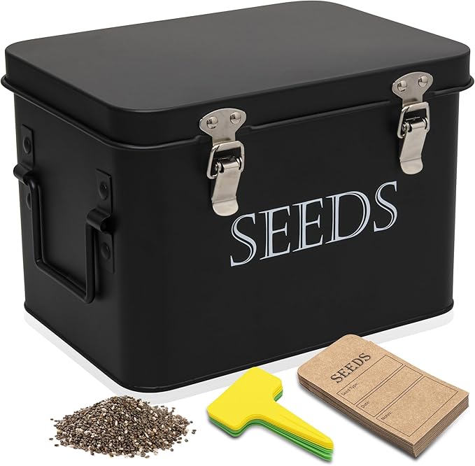 Garden Seed Storage Box with Dividers Seeds Packet Organizer Case for Gardening 3 Inner Slot Bird Plant or Vegetable Seed Container Saver Tin – Black Galvanized Metal with Envelopes &amp Labels