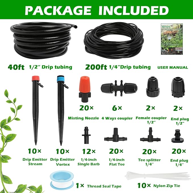 240FT Drip Irrigation System Kit Automatic Garden Watering Misting System for Greenhouse Yard Lawn Plant with 1/2 inch Hose 1/4 inch Distribution Tubing and Accessories