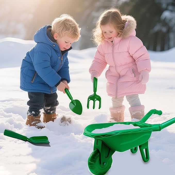 Duckura Kids Wheelbarrow Set - Gardening Tools for Kids with Shovel Rake Trowel Outdoor Yard Lawn Digging Weed Toys Easter Birthday Gifts for Boys Girls Age 2 3+Years Old(Green B)