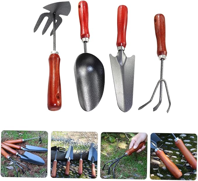 Kisangel Garden Shovel and Trowel Set 4pcs Mini Metal Hand Tools for Gardening with Extended Narrow Spade Three-Claw Rake Dual-use Hoe and Soil Scoop – Suitable for Planting Weeding
