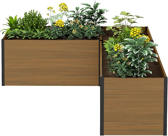 Modular Raised Garden Bed - Expandable Design with Composite Panels &amp Aluminum Frame - Perfect for Flowers Vegetables Herbs - Outdoor Planter Cuboid Box for Patio Balcony Backyard (Brown)