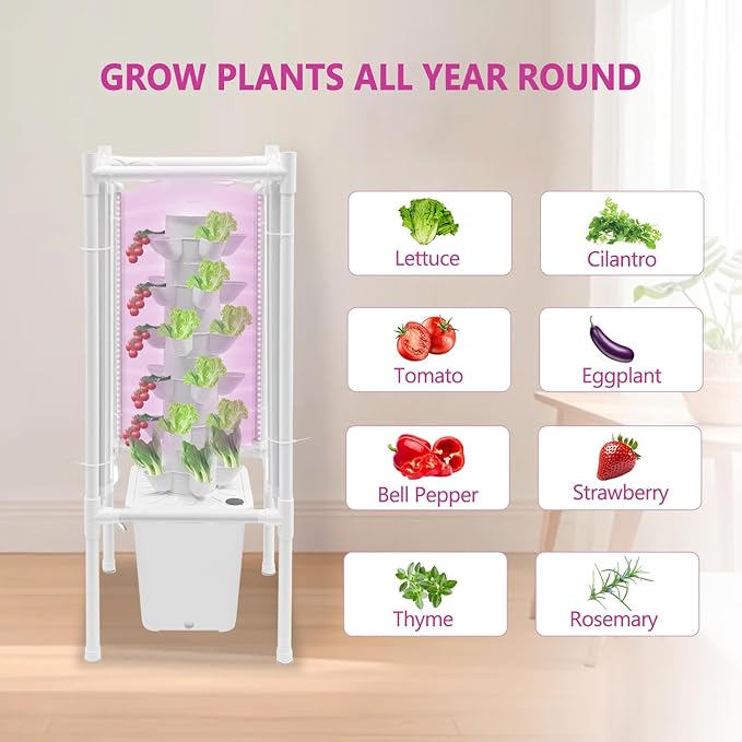 Hydroponic Tower Growing System Kits with LED Grow Lights 30 Pods Indoor Vertical Planter Germination Kit 6 Layers Hydroponic Tower for Fruits Vegetables Herbs and Miniature Greens (White)
