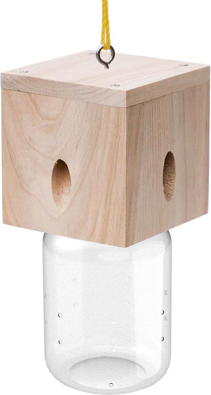 1 PCS Wood Carpenter Bee Trap for Outside - Best Bee Trap - Cube Style Nature Hanging Carpenter Bee Traps Plastic Jar Outdoor - Insect Traps