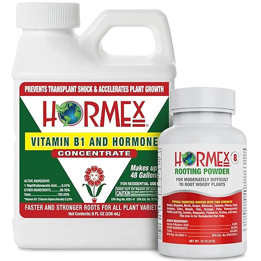 Hormex Rooting Powder #8 &amp Vitamin B1 Hormone Concentrate Combo - Root Stimulator for Semi-Hardwood Cuttings &amp Liquid - Perfect for Hydroponics House Plants Gardens Fruits &amp Vegetables