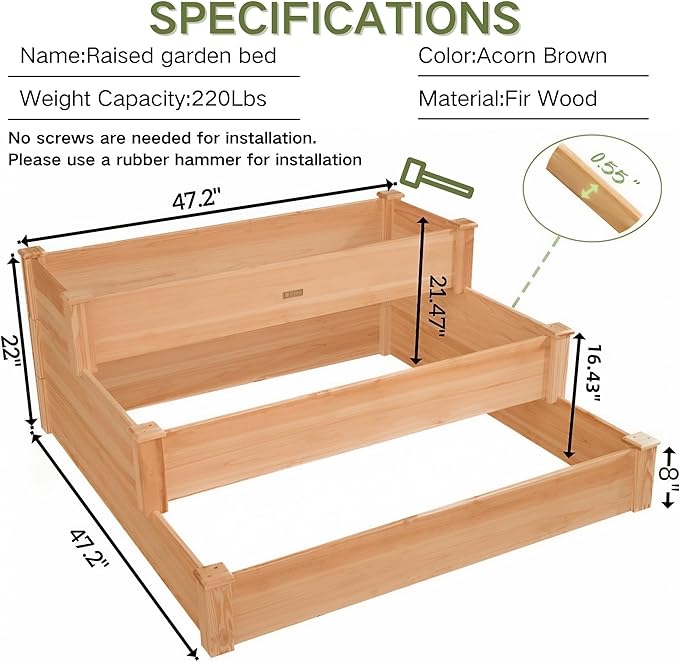 3-Tier Raised Garden Bed with Fabric Liner Wood Elevated Planter Box with Dovetail Joint Design 3 Dividable Bed Kit for Vegetables/Herbs/Flowers Outdoor Gardening for Patio Lawn Balcony