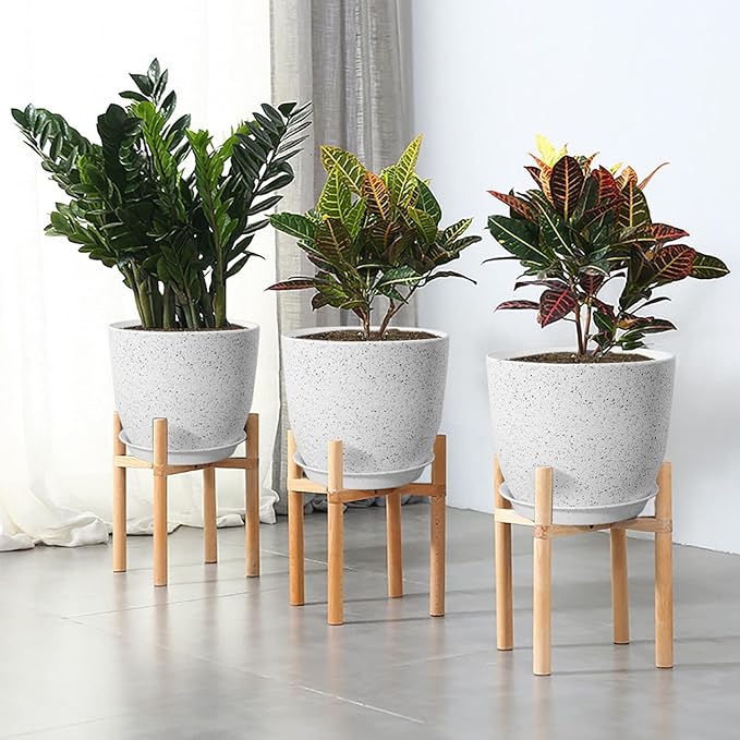 WOUSIWER Plant Pots 10/9/8 inch Set of 3 Modern Decorative Plastic Planters with Drainage Holes and Saucers for House Plants Indoor Flowers Plants White Speckles