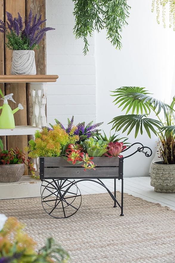 24.4x12.6x15.4 Rustic Black Trolley Cart Plant Stand Planter
