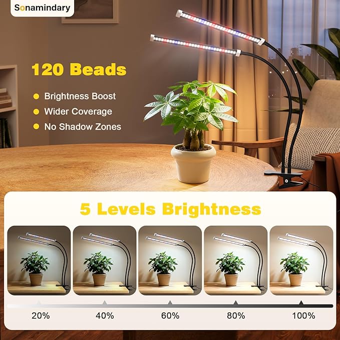 Grow Light for Indoor Plants 120 LEDs Full Spectrum 5700K Plant Lamp with Red Blue White Light 5-Level Dimmable 4/8/12H Timer Adjustable Clamp Stand(Dual Head)