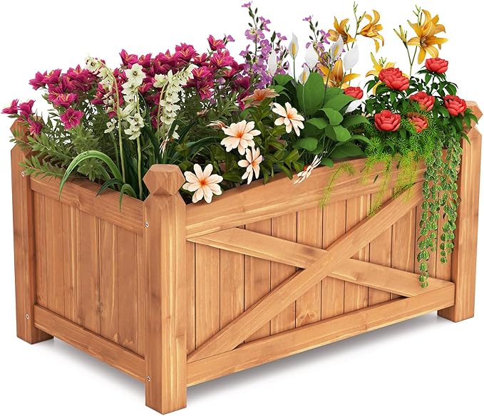 HAPPYGRILL Wooden Raised Garden Bed Solid Wood Gardening Plant Container w/Drainage Holes for Flower Vegetable Fruit Outdoor Elevated Planter Box for Patio Garden Yard Balcony (25”x 16”x 15”)