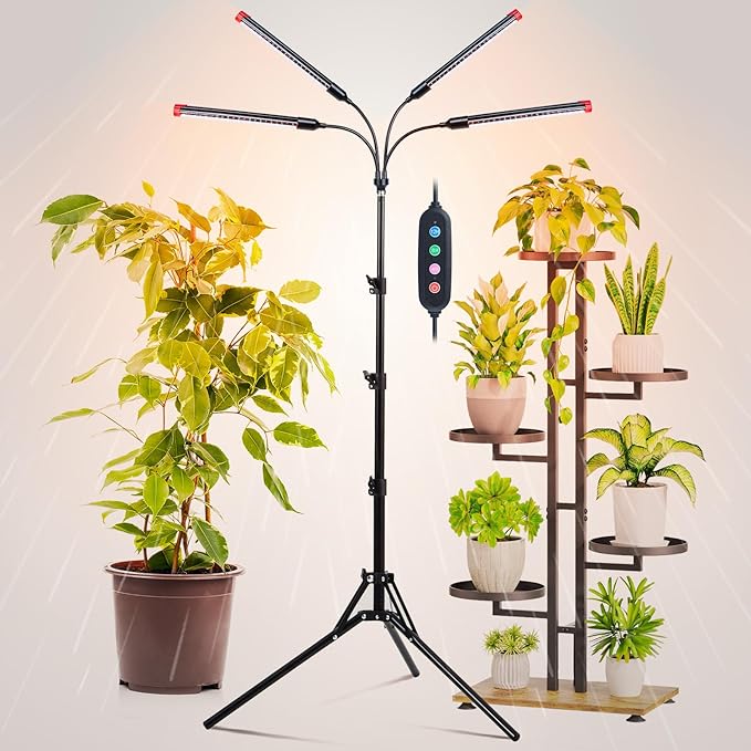 4Head Grow Light with Stand for Tall Indoor Plants Bonsai Tree Bright Full Spectrum Plant Growing Lamps 4/8/12/16/20H Timer 36 Watt Power Draw NO Need Adapter 360° Gooseneck