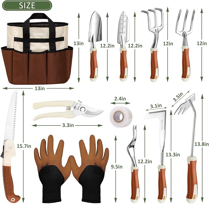 Garden Tool Set 12 Pcs Heavy Duty Floral Gardening Tools Kit with Gardening Hand Weeder Tools Durable Storage Bag and Gloves Gifts for Women and Men Brown