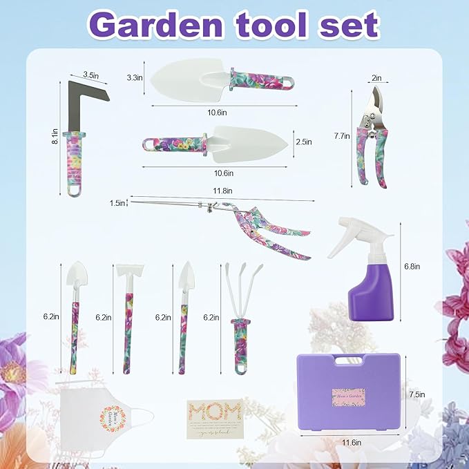 Gardening Gifts for Mom Kit with Purple Flower PrintGarden Hand Tool Set for Women Mothers Day Birthday Gift
