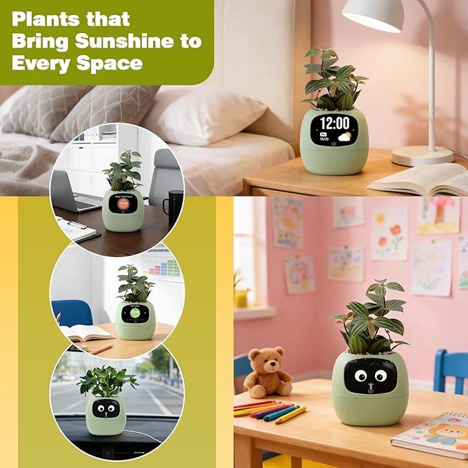Smart Planter with App Control Self-Watering AI Plant Pot with LCD Display Interactive Desk Plant Companion for 100+ Plants Smart Indoor Planter with Pomodoro Timer80ml ReservoirCalendar-Green