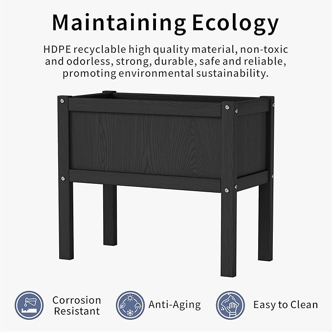 HDPE Raised Garden Bed with Legs All-Weather Outdoor Planter Box Easy to Assemble Drainage System Low Maintenance Non-Fading for Flower/Herb/Seed (Black)