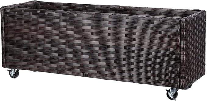 Raised Garden Bed with Wheels - Rattan Wicker Elevated Raised Garden Bed Outdoor Raised Planter Box for Vegetables Grass Lawn Yard 38 x 14.5 x 12 in Brown