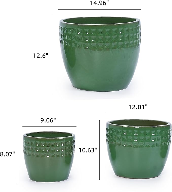 Handmade Ceramic Planter Set of 3 15129 Inch Diameter Green Diamond Pattern for Orchids Succulents IndoorOutdoor Use on Windowsill Bookshelf Breathable Clay