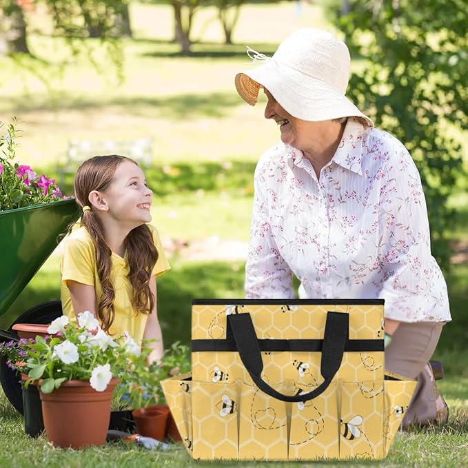 Yellow Bee Gardening Tool BagHeavy Duty Garden Tote BagPortable Oxford Gardening Storage Basket Organizer Handbag with Pockets HandleHand Tools Gifts for Outdoor Garden Lawn Yard
