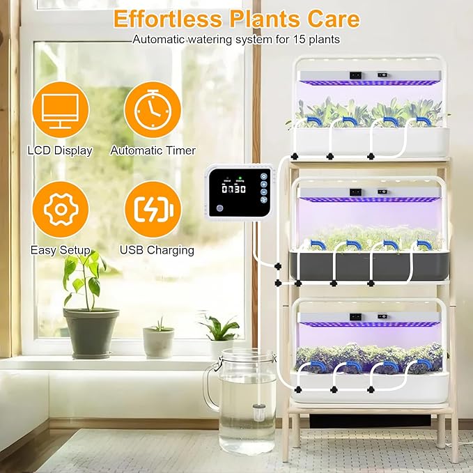LED Grow Light with Automatic Watering System for Indoor Plants Full Spectrum Plant Light with Remote Control Stepless Dimmable Growing Lamps with 3 Lighting Modes for Seedlings Veg Bloom