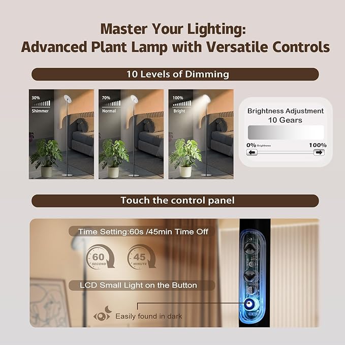 69'' Tall Grow Lights for Indoor Plants Full Spectrum 40W Sunlike Standing Plant Lights for Indoor Growing 10-Level Dimmable Adjustable Height for Various Plant Sizes