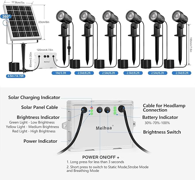 MEIHUA Solar Spot Lights Outdoor 6 in 1 Solar Landscape Spotlights 2700K Warm White 3 Lighting Modes &amp 3 Brightness IP66 Waterproof Spotlights Outdoor Garden for Pathway Driveway Yard Tree