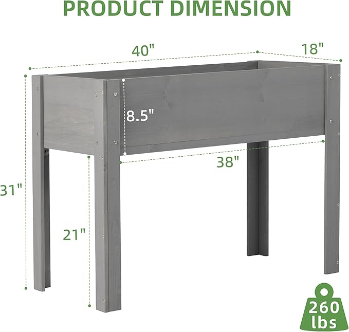 Raised Garden Bed with Legs 40x20x31 Outdoor Wood Elevated Planter Box Grey Cedar Thick Legs w/Liner