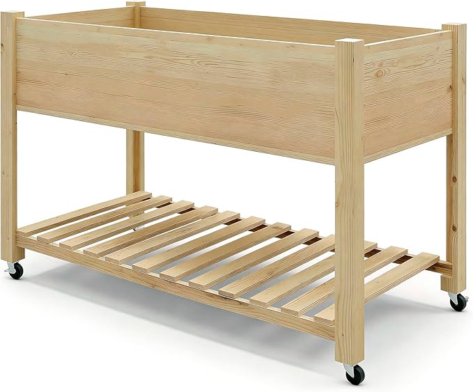 Elevated Garden Bed with Wheels and Legs – Large Wooden Planter Box with Bottom Shelf Protective Liner – Outdoor Patio and Backyard Container for Vegetables Herbs and Flowers