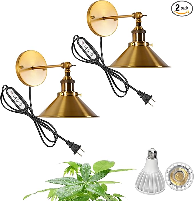 2-Pack Hook Type Wall Mounted Plant Light for Indoor Growing Full Spectrum White Light 6000K 25W Vintage Gold Plug in Cord Timing Wall Lamps for Plants Flowers