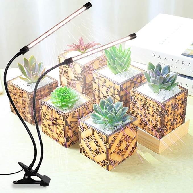 Plant Grow Light - 6000K Full Spectrum with Adjustable Red &amp White LEDs 10-Level Dimming USB Powered Clip-On Lamp for Indoor Plants Timer Function (2 Head)