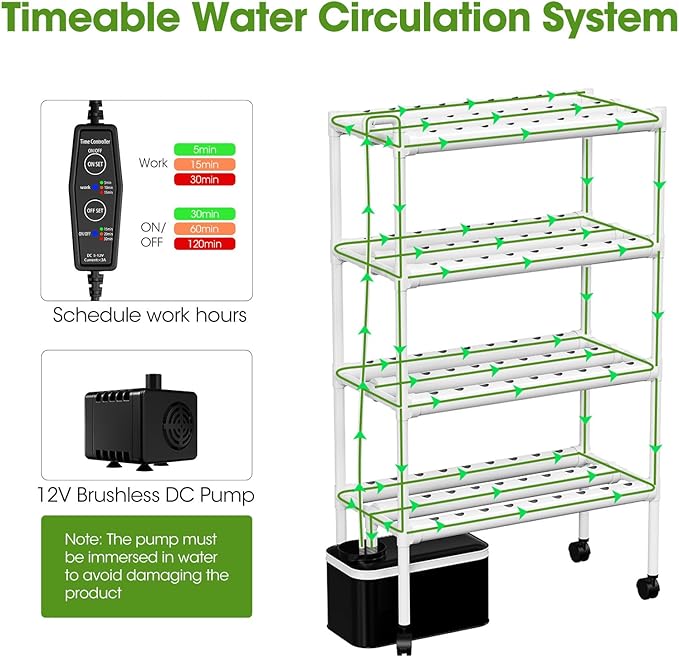 Hydroponics Growing System Kit with Wheels 108 Plant Sites Gardening Aquaponics Tower 4-Tier Food-Grade PVC-U Pipes Water Pump Timer for Leafy Vegetables Indoor Outdoor (34x62x15 in 108 Holes)