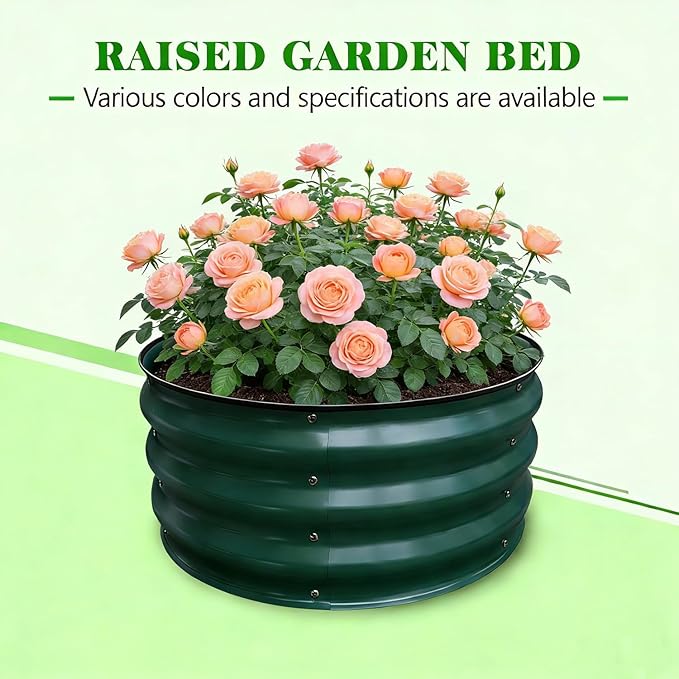 GrowHaus 2x2x1FT Galvanized Raised Garden Bed Planter Boxes Outdoor Round Metal Garden Beds for Planting Vegetables Flowers Herbs Dark Green
