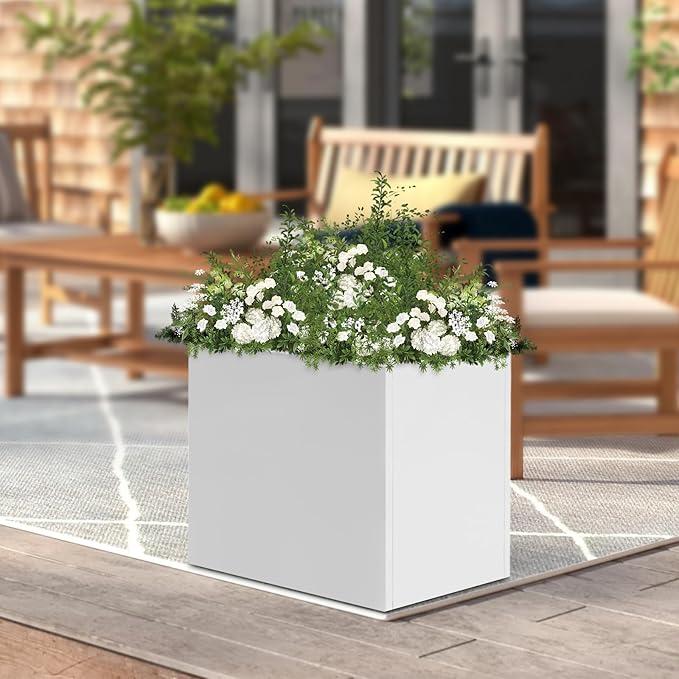 Raised Garden Bed 24 * 24 * 24in Steel Metal Square Planter Box for Indoor Outdoor Balconies Gardens Decks Patios Decks Front Porches (White)