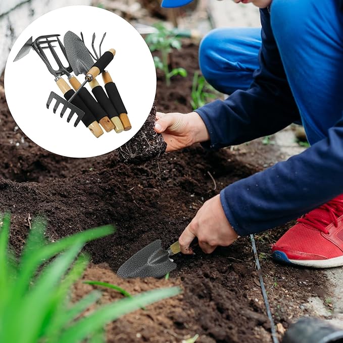 HEMOTON 5pcs Garden Tool Set with Hand Rake and Trowel Sturdy Steel Gardening Tools for Outdoor Lawn Care and Planting Suitable for Home and Garden Use