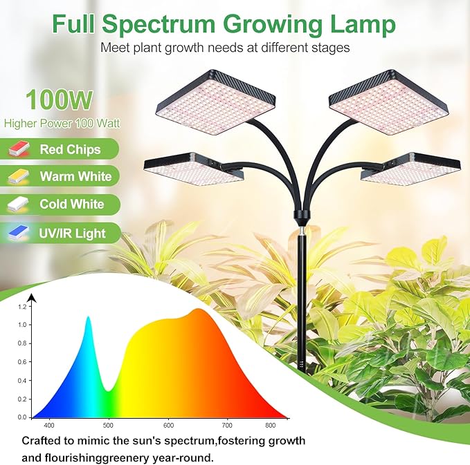 2026 4Head Full Spectrum Grow Light with Stand 100 Watt Bright Grow Lights for Indoor Large Plants Tall Bonsai Tree Auto On/Off Daily Timer(4/8/12/16/20H) Adjustable Stand 24-78