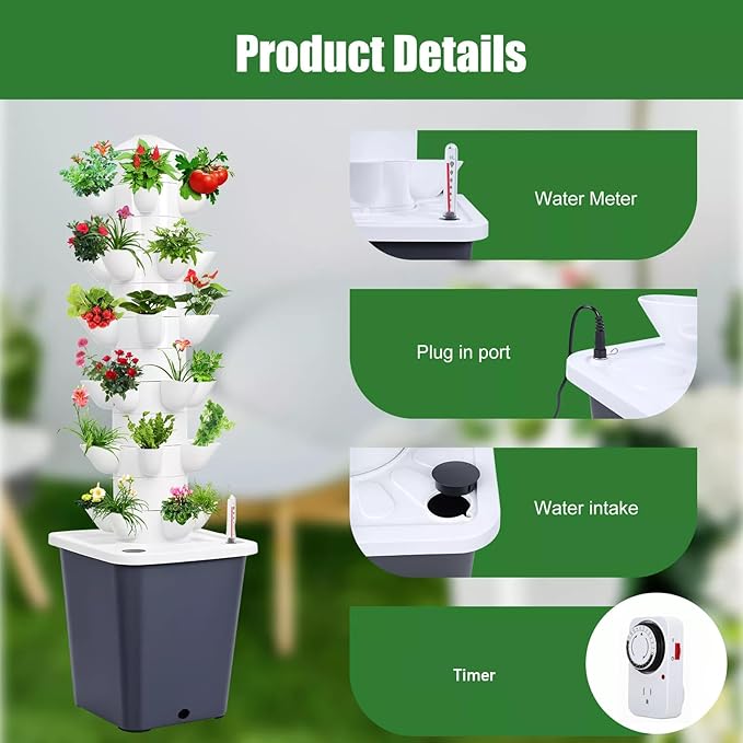Hydroponics Growing System Kit 30 Plant Vertical Hydroponic Tower with Silent Water Pump Adapter and Timer for Indoor Herbs Fruits and Vegetables Growing