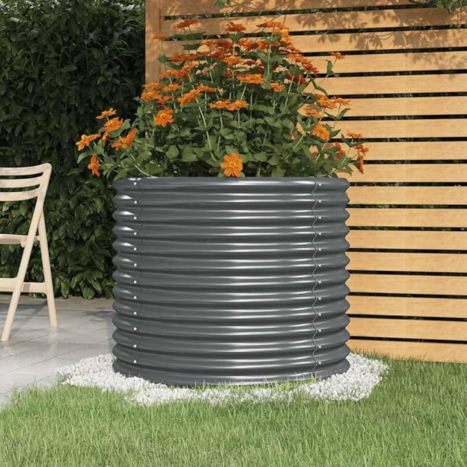 Round Powder-Coated Steel Outdoor Planter 31.5x26.8 Anthracite Spacious Garden Pot for Herbs Veggies Flowers Balcony Patio Garden Decor