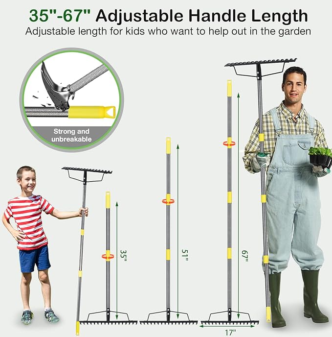 Heavy Duty Bow Rake 17 Tines Metal Garden Rake with Adjustable Handle for Leaves Lawn Soil Sod - 35-67 Metal Handle (Black)