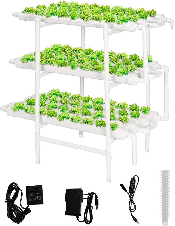 Upgraded Hydroponics Growing System108 Plant Sites 3 Layers 12 Food-Grade PVC-U Pipeshydroponics Growing System Kit Gardening Systems Grow Kits with Water Pump Timer nests Basket and Sponge