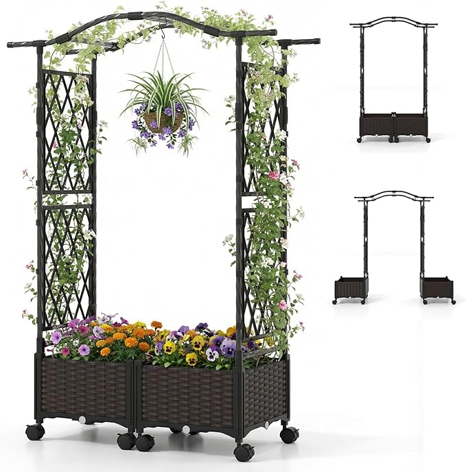 HAPPYGRILL Raised Garden Bed with Trellis Tall Self-Watering Planter Box on Lockable Wheels w/Roof Weatherproof Rattan Garden Bed Outdoor for Climbing Vine Flower (41” x 16” x 58”)