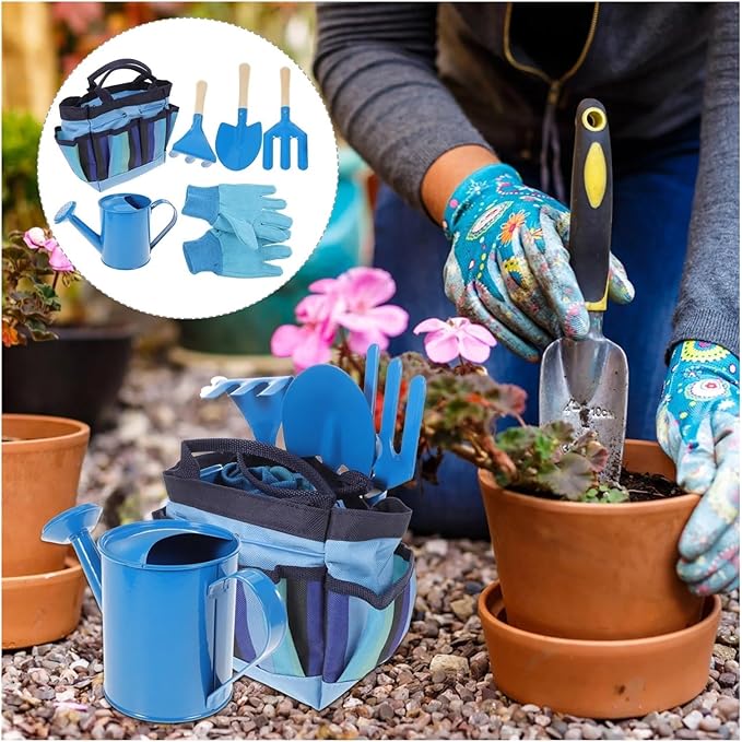Garden Tool Set for with Wooden Handle Head Blue Tote Included Gardening Kit Hand Tools