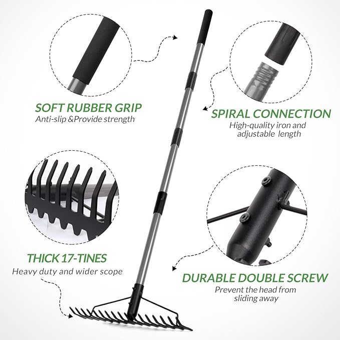 Walensee 5.4FT Bow Rake Heavy Duty Garden Rake with Stainless Steel Handle 17 Steel Tines Garden Tool for Loosening Soil Gathering Leaf Leveling Lawn Farming Land Management Yarn Thatch Rakes
