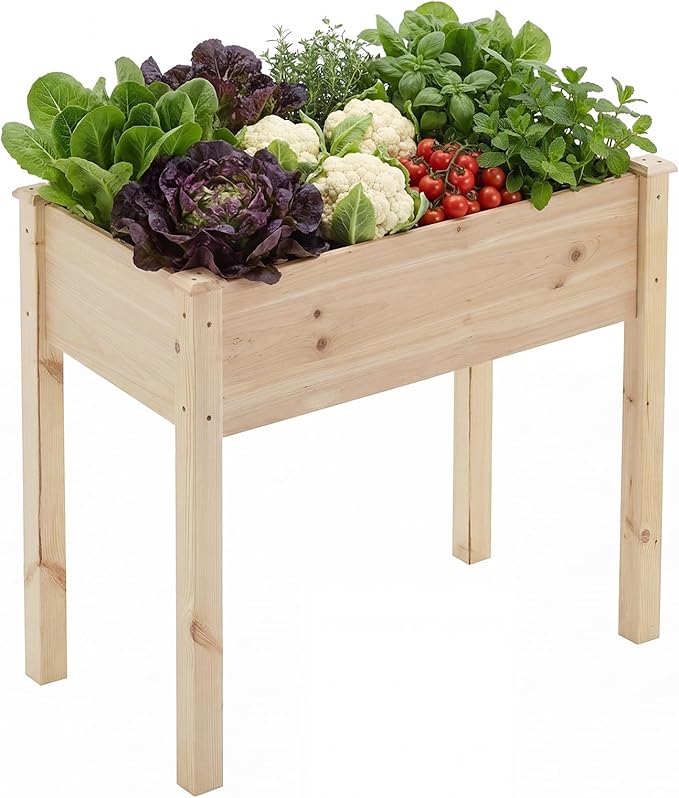 DUMOS Raised Garden Bed with Legs 48x24x30 Inch Planter Box Outdoor with Liner for Herbs Flowers Vegetables Elevated Wooden Garden Bed for Patio Balcony and Backyard Natural Wood